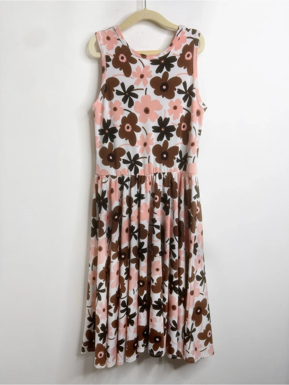 Dot Dot Smile Retro Flower Sleeveless Pink and Brown Tank Twirl Dress Size 8/10